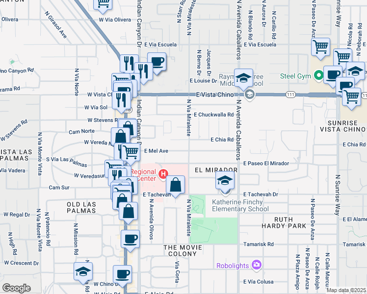 map of restaurants, bars, coffee shops, grocery stores, and more near 588 East Mel Avenue in Palm Springs