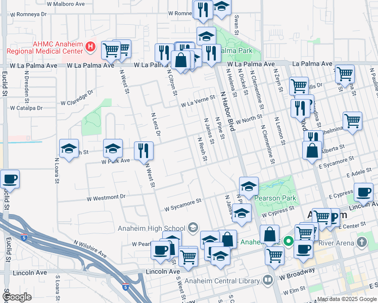 map of restaurants, bars, coffee shops, grocery stores, and more near 800 West Ken Way in Anaheim