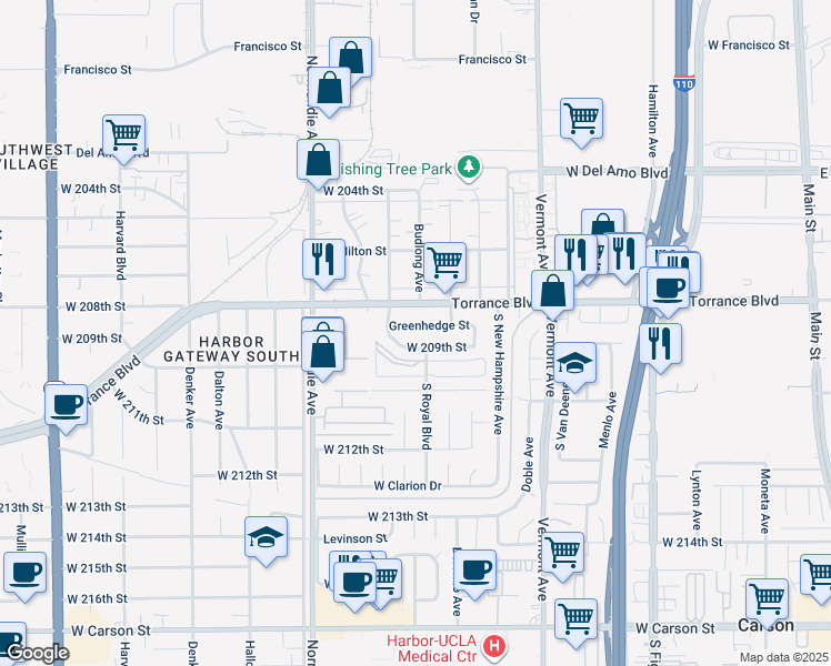 map of restaurants, bars, coffee shops, grocery stores, and more near 1108 Greenhedge Street in Torrance