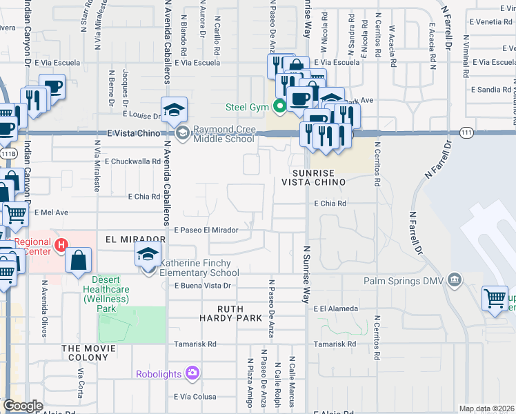 map of restaurants, bars, coffee shops, grocery stores, and more near 1394 Colony Way in Palm Springs