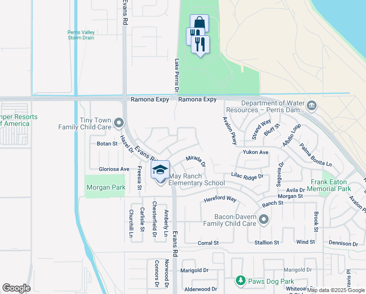 map of restaurants, bars, coffee shops, grocery stores, and more near 1034 Whispering Wood Lane in Perris