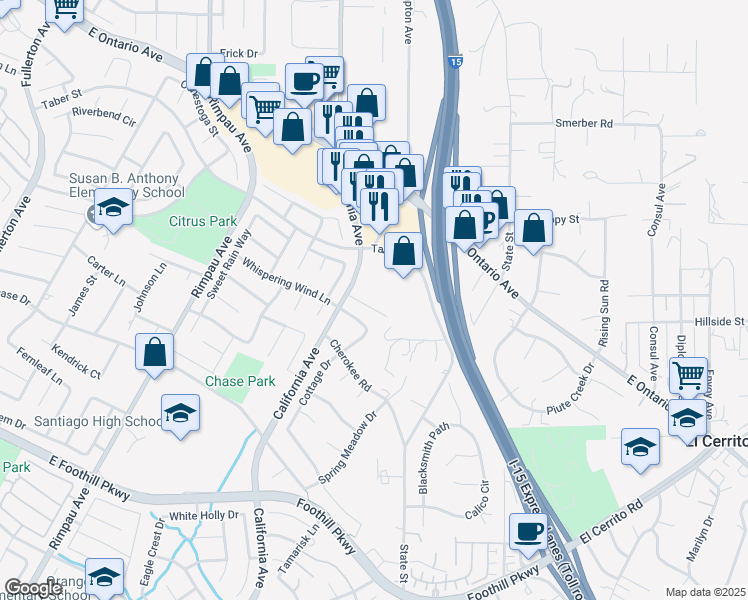 map of restaurants, bars, coffee shops, grocery stores, and more near 2489 California Avenue in Corona