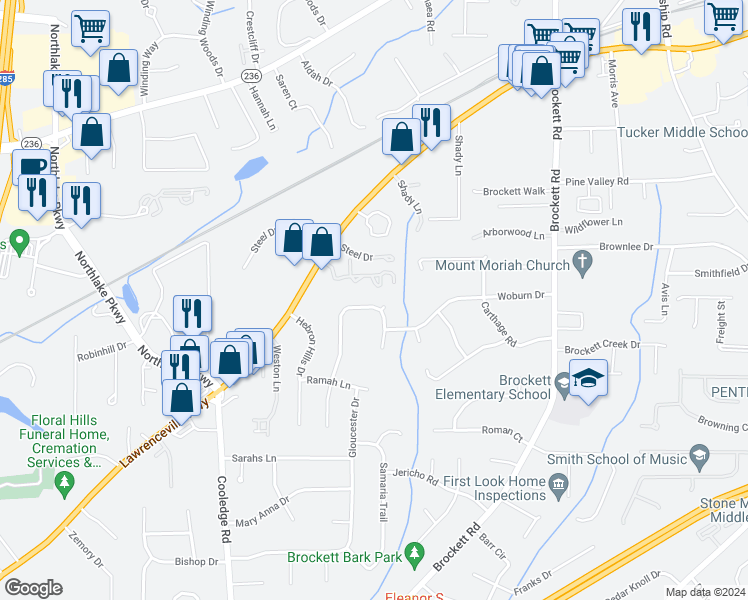 map of restaurants, bars, coffee shops, grocery stores, and more near 2004 Walton Woods Circle in Tucker