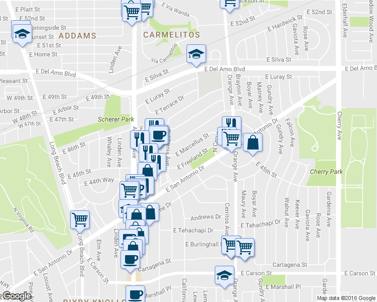 map of restaurants, bars, coffee shops, grocery stores, and more near 1048 East Marcellus Street in Long Beach