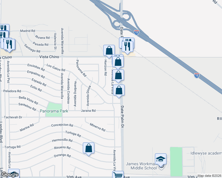 map of restaurants, bars, coffee shops, grocery stores, and more near 28451 Avenida La Vista in Cathedral City