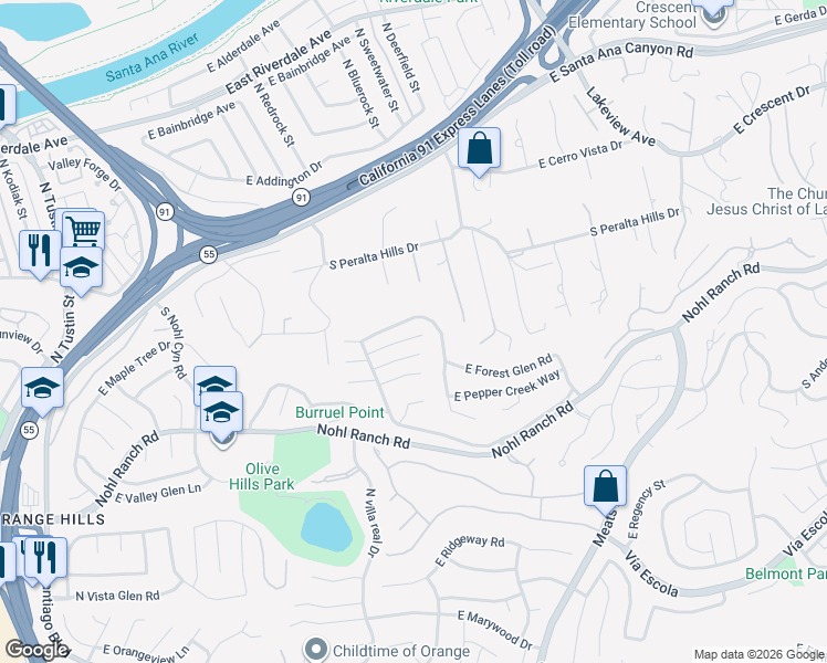 map of restaurants, bars, coffee shops, grocery stores, and more near 4435 East Emberwood Lane in Anaheim