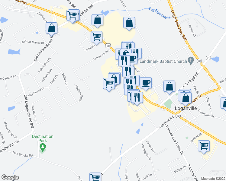 map of restaurants, bars, coffee shops, grocery stores, and more near 4221 Atlanta Highway in Loganville