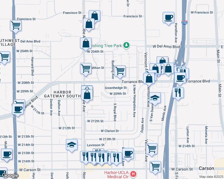 map of restaurants, bars, coffee shops, grocery stores, and more near 1108 Greenhedge Street in Torrance