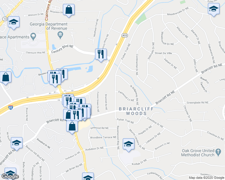 map of restaurants, bars, coffee shops, grocery stores, and more near 1978 Fisher Trail Northeast in Atlanta