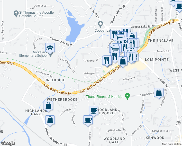 map of restaurants, bars, coffee shops, grocery stores, and more near 1645 Wehunt Place in Smyrna