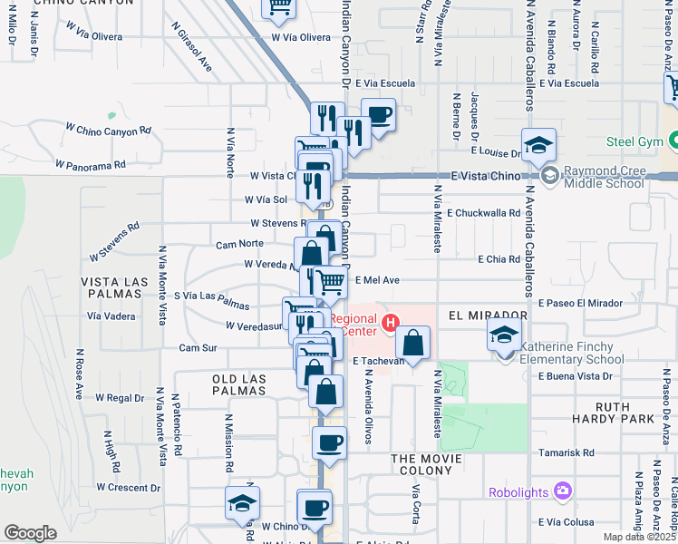 map of restaurants, bars, coffee shops, grocery stores, and more near in Palm Springs