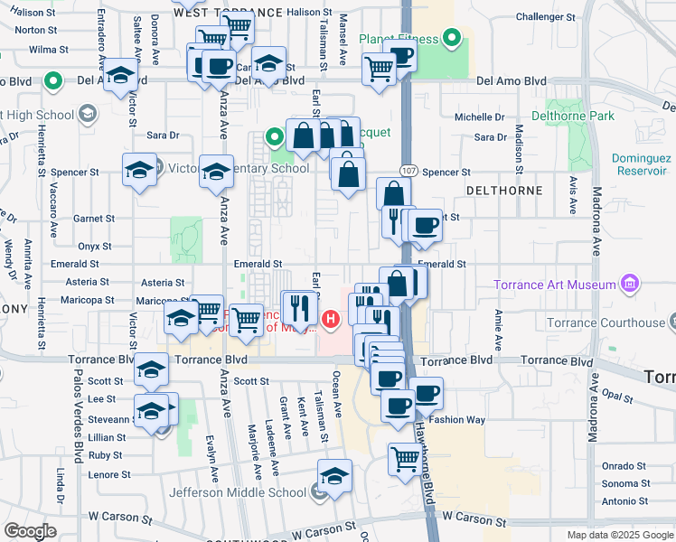 map of restaurants, bars, coffee shops, grocery stores, and more near 4104 Emerald Street in Torrance