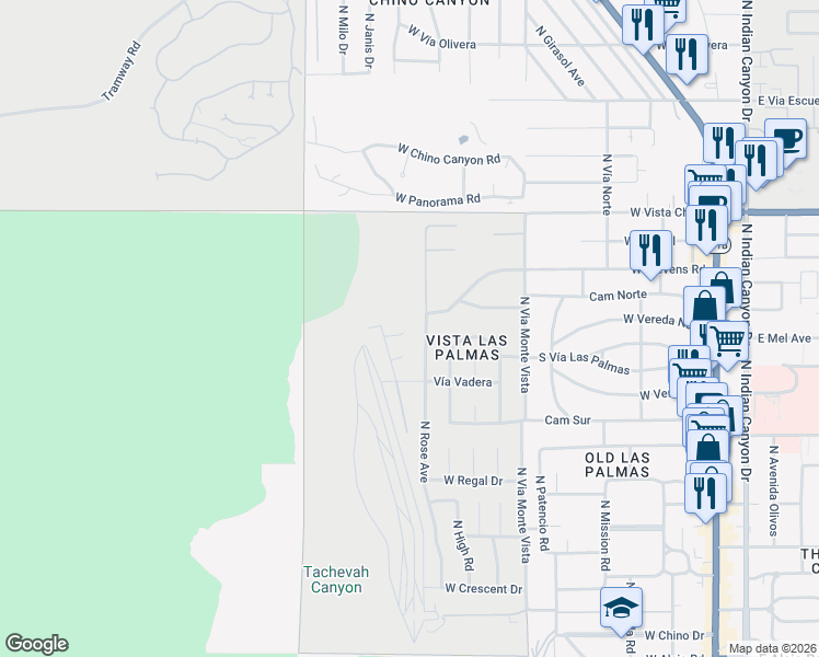map of restaurants, bars, coffee shops, grocery stores, and more near 1032 West Capistrano Court in Palm Springs