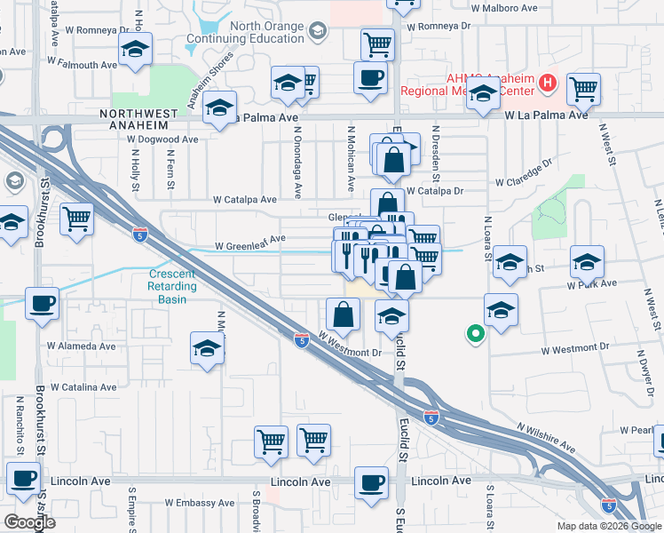 map of restaurants, bars, coffee shops, grocery stores, and more near 1800 West Gramercy Avenue in Anaheim