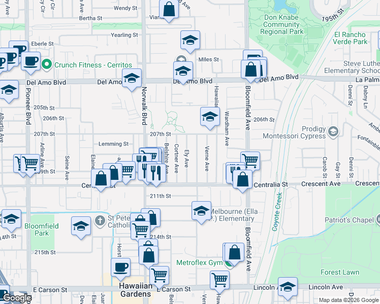 map of restaurants, bars, coffee shops, grocery stores, and more near 20802 Ely Avenue in Lakewood