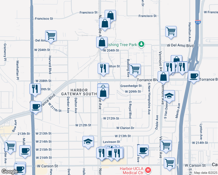 map of restaurants, bars, coffee shops, grocery stores, and more near 20850 Normandie Avenue in Torrance