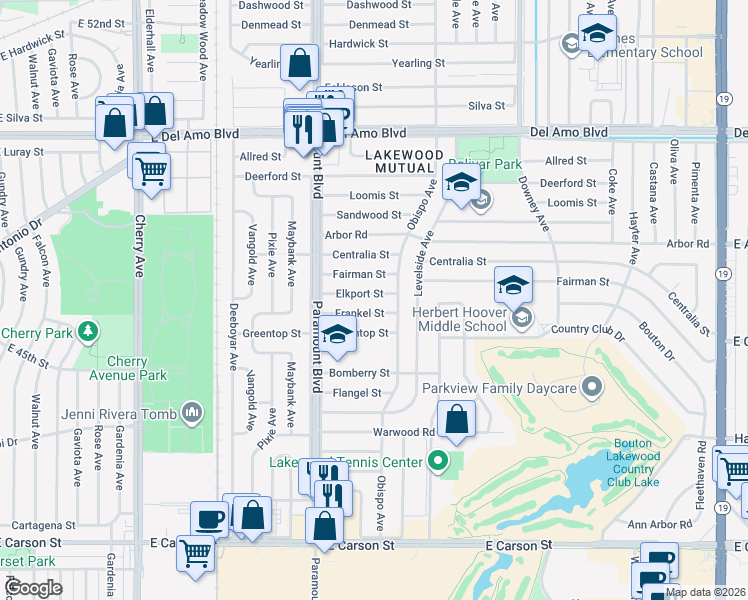 map of restaurants, bars, coffee shops, grocery stores, and more near 2819 Elkport Street in Lakewood