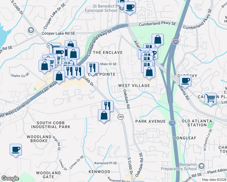 map of restaurants, bars, coffee shops, grocery stores, and more near 4539 West Village Court in Smyrna