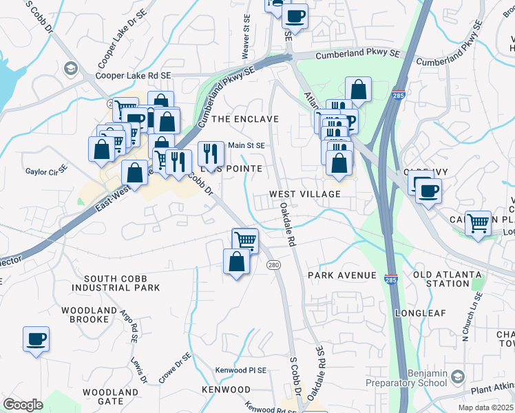 map of restaurants, bars, coffee shops, grocery stores, and more near 4539 West Village Court in Smyrna