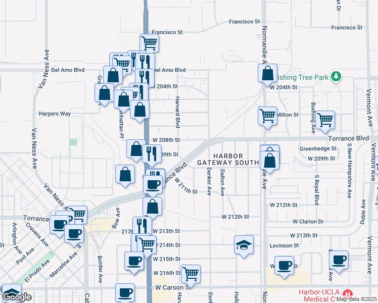 map of restaurants, bars, coffee shops, grocery stores, and more near 1547 Torrance Boulevard in Torrance