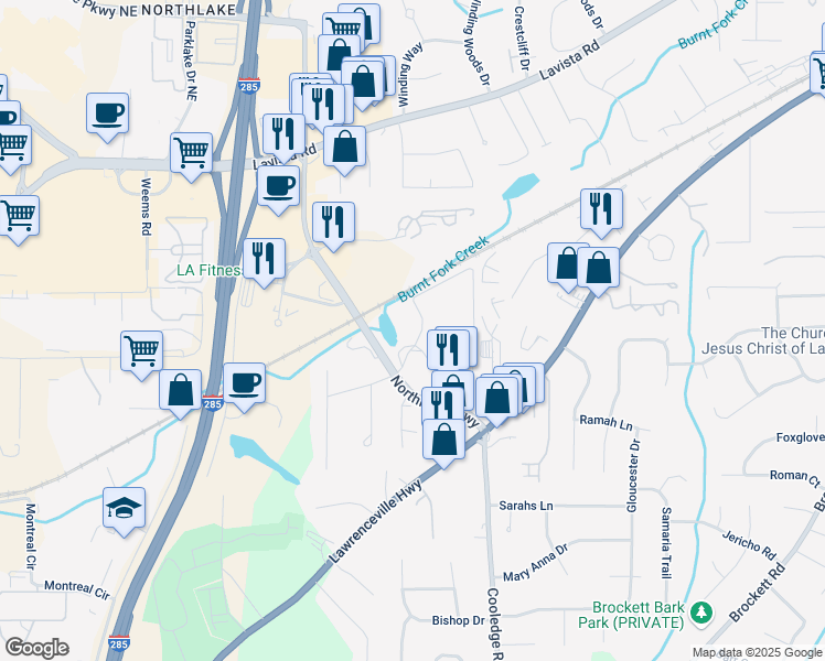 map of restaurants, bars, coffee shops, grocery stores, and more near 1979 Lakeside Parkway in Tucker
