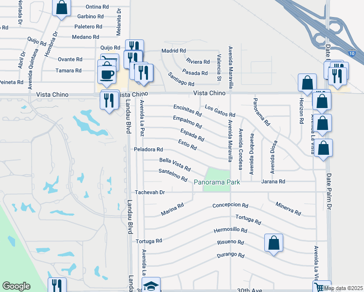map of restaurants, bars, coffee shops, grocery stores, and more near 68180 Estio Road in Cathedral City