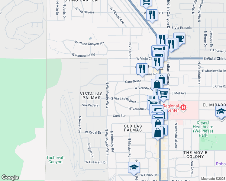 map of restaurants, bars, coffee shops, grocery stores, and more near 495 Camino Norte in Palm Springs