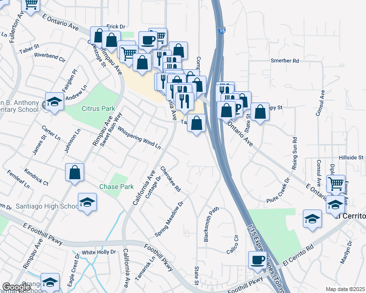 map of restaurants, bars, coffee shops, grocery stores, and more near 1508 Taber Street in Corona