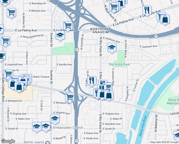 map of restaurants, bars, coffee shops, grocery stores, and more near 100 South Royal Place in Anaheim