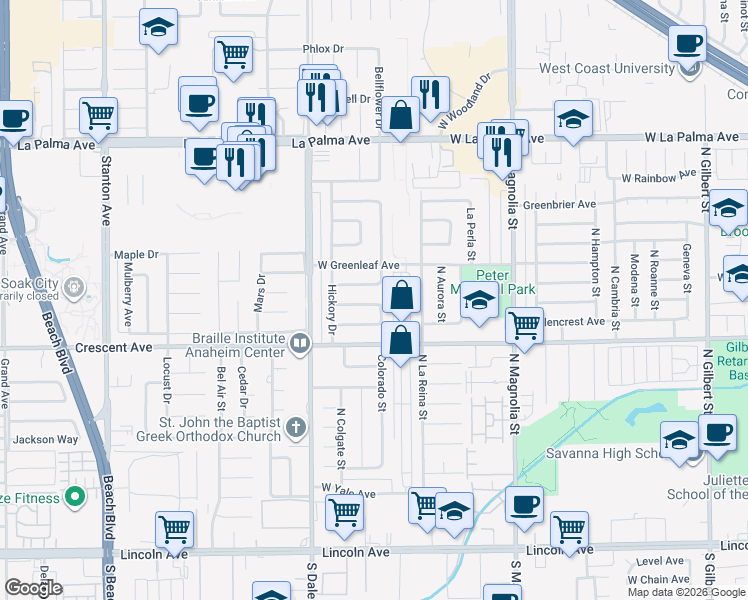 map of restaurants, bars, coffee shops, grocery stores, and more near 8638 Hazelnut Street in Buena Park