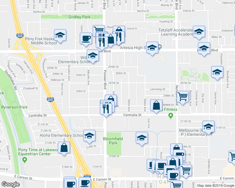 map of restaurants, bars, coffee shops, grocery stores, and more near 20732 Arline Avenue in Lakewood