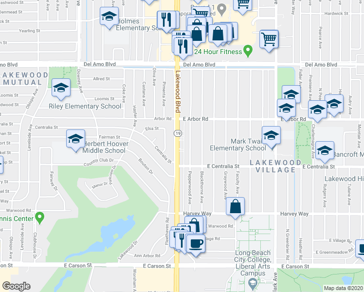 map of restaurants, bars, coffee shops, grocery stores, and more near 4601 Pepperwood Avenue in Long Beach