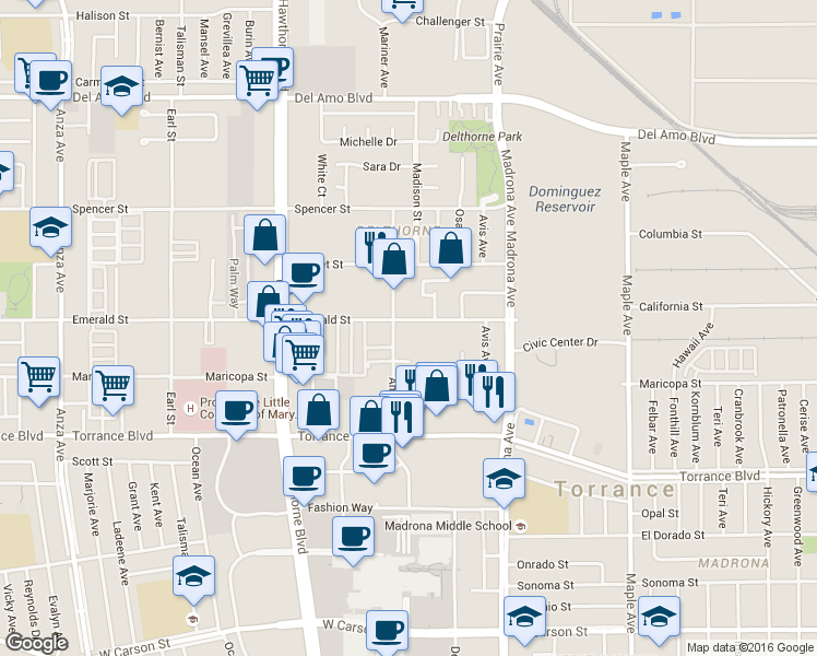 map of restaurants, bars, coffee shops, grocery stores, and more near 3535 Emerald Street in Torrance