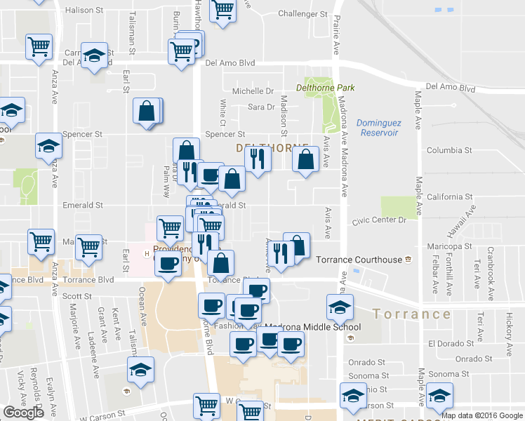 map of restaurants, bars, coffee shops, grocery stores, and more near 3621 Emerald Street in Torrance