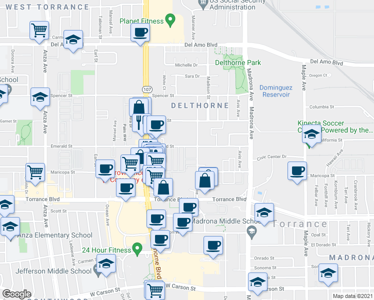 map of restaurants, bars, coffee shops, grocery stores, and more near 3621 Emerald Street in Torrance