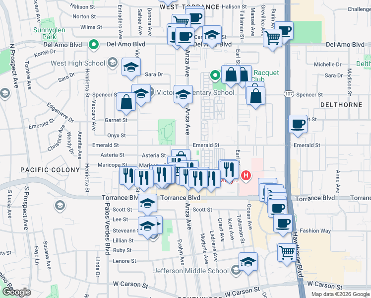 map of restaurants, bars, coffee shops, grocery stores, and more near 20730 Anza Avenue in Torrance