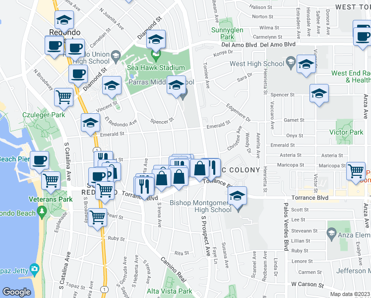 map of restaurants, bars, coffee shops, grocery stores, and more near 114 South Juanita Avenue in Redondo Beach