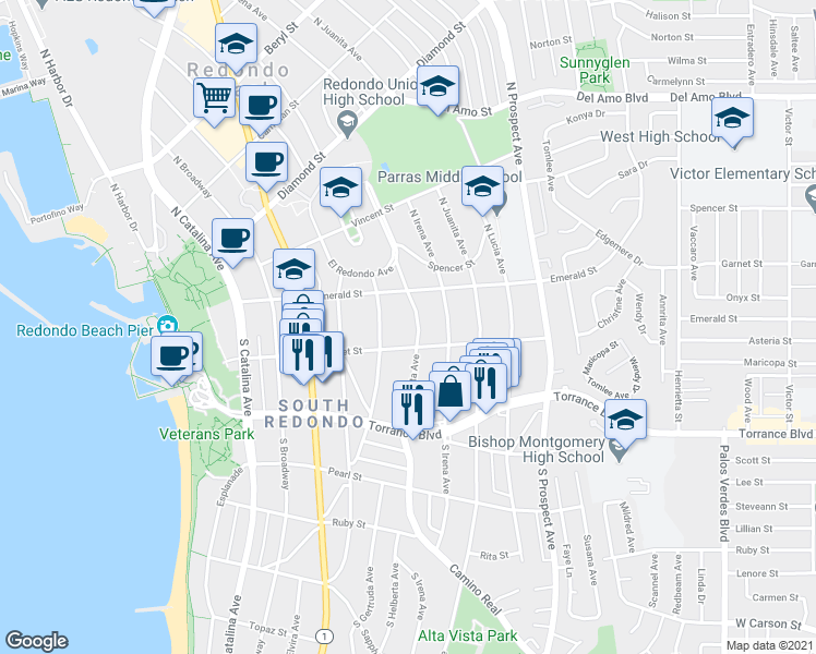 map of restaurants, bars, coffee shops, grocery stores, and more near 113 South Helberta Avenue in Redondo Beach