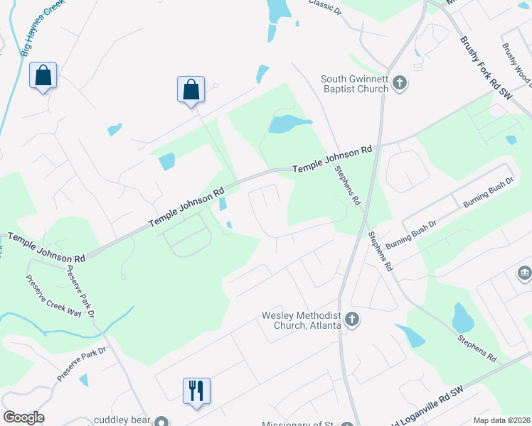 map of restaurants, bars, coffee shops, grocery stores, and more near 3537 Temple Ridge Court Southwest in Loganville