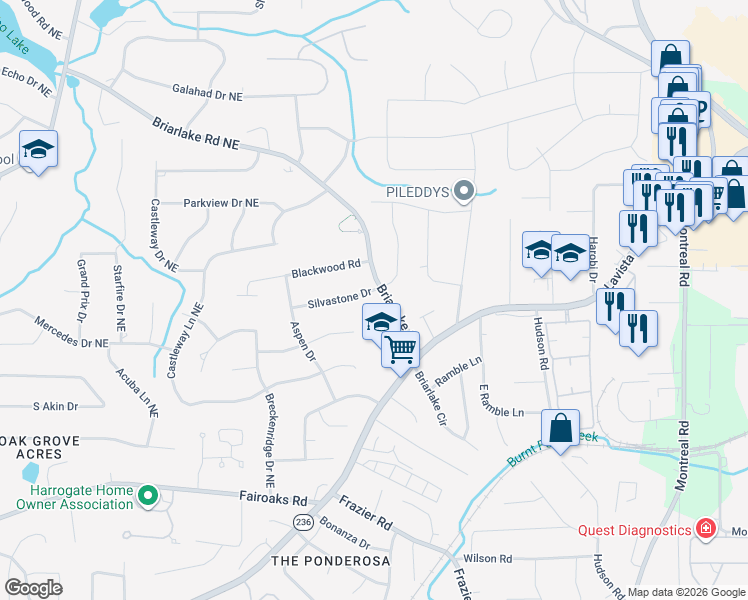 map of restaurants, bars, coffee shops, grocery stores, and more near 1957 Silvastone Drive in Decatur