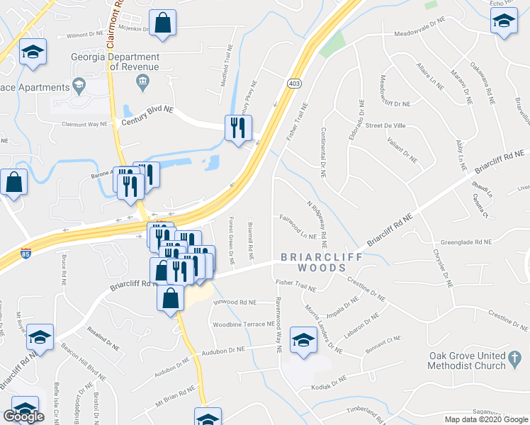 map of restaurants, bars, coffee shops, grocery stores, and more near 1978 Fisher Trail Northeast in Atlanta
