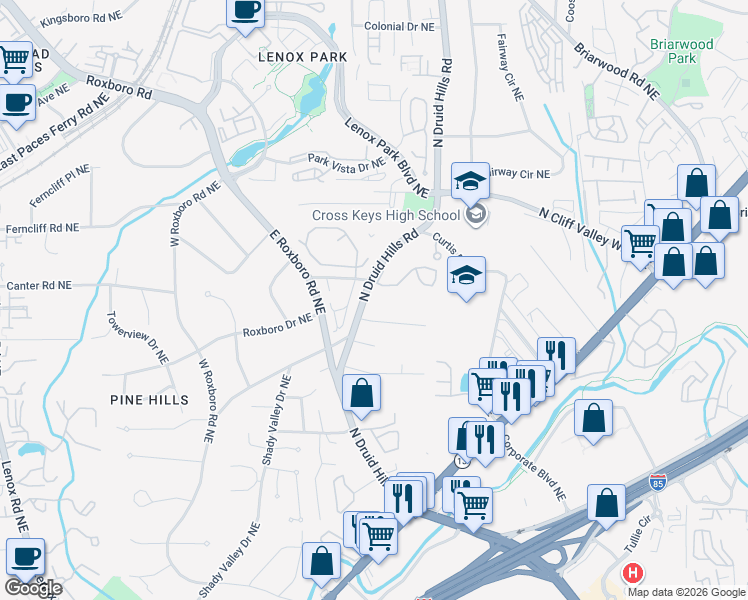 map of restaurants, bars, coffee shops, grocery stores, and more near 1744 North Druid Hills Road in Atlanta
