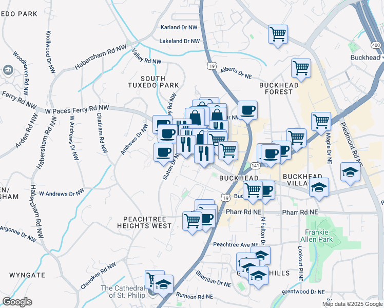 map of restaurants, bars, coffee shops, grocery stores, and more near 107 West Paces Ferry Road Northwest in Atlanta