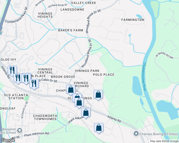 map of restaurants, bars, coffee shops, grocery stores, and more near 4615 Woodland Brook Drive Southeast in Atlanta