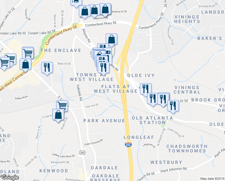 map of restaurants, bars, coffee shops, grocery stores, and more near 4805 West Village Way in Smyrna