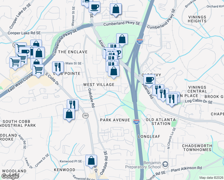 map of restaurants, bars, coffee shops, grocery stores, and more near 2244 West Village Junction in Smyrna