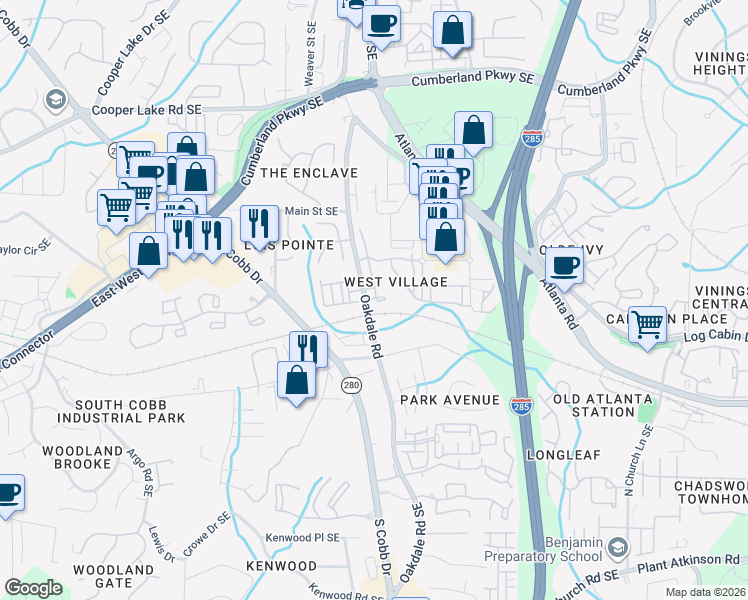 map of restaurants, bars, coffee shops, grocery stores, and more near 4564 Gateway Court in Smyrna