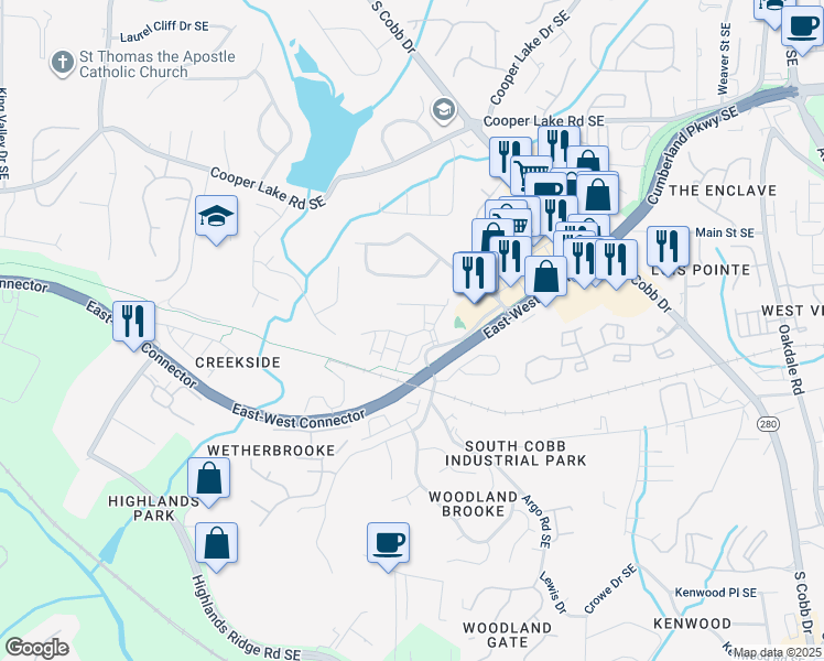 map of restaurants, bars, coffee shops, grocery stores, and more near 4616 Wehunt Commons Drive in Smyrna