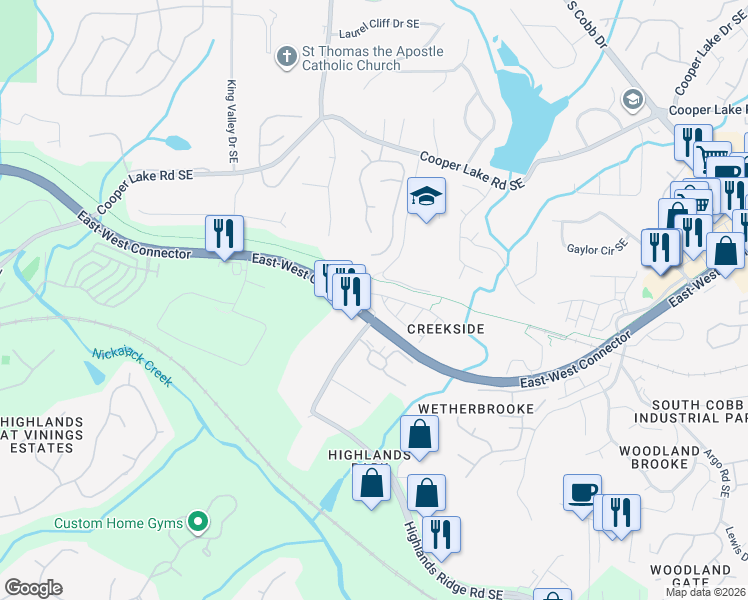 map of restaurants, bars, coffee shops, grocery stores, and more near 1243 Creekside Place Southeast in Smyrna