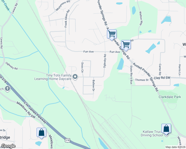 map of restaurants, bars, coffee shops, grocery stores, and more near 3966 Oglesby Road in Powder Springs